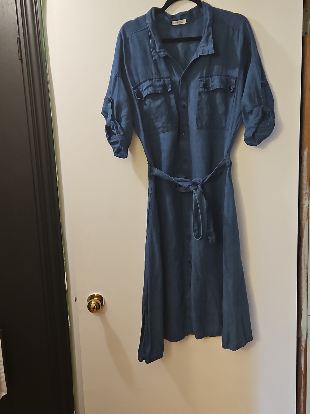 Free People X CP Shades Blue Linen Midi Shirt Dress Size M